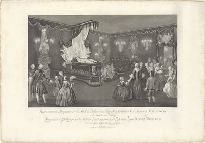 غرفة بسرير الولاية للأمير ويليام الرابع ، 1751 تمثيل منظور de la Salle de Parade (...) صورة منظورية لقاعة العرض التي فيها Lyk van Zyne Doorl. تم عرض السمو لمدة yder (العنوان على الكائن) محكمة دبليو بواسطة فرانسوا Changuion
