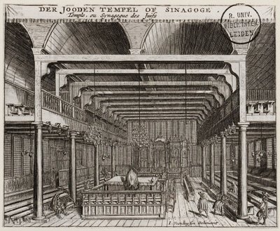 داخل الكنيس البرتغالي في أمستردام - فينهوايسن ، يناير (نشط في 1656-1685) - نقش نحاسي - 11.2 × 13.7 - مكتبة جامعة ليدن بواسطة جان فينهويسن