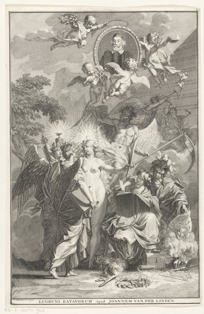 صفحة عنوان رمزية مع صورة للكاتب إدوارد سيمسون صفحة العنوان لـ: إدوارد سيمسون ، Chronicon historyiam catholicam complectens ، 1729 بواسطة جان وانديلار