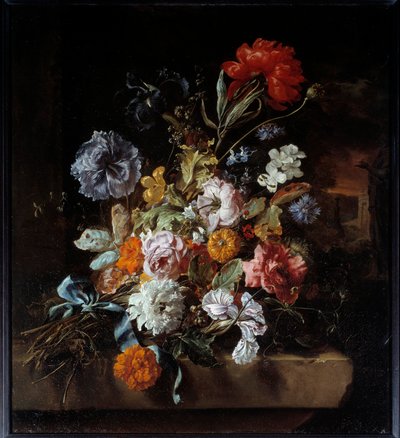 باقة من الزهور المودعة على مقعد حجري لوحة بواسطة Jan Weenix (1640-1719) 1694 Sun. 0،74 × 0،67 م ليون ، متحف الفنون الجميلة بواسطة جان بابتيست وينيكس