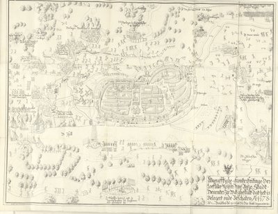 الحصار والاستيلاء على ديفينتر ، 1578 Waerafftighe afconterfeitinge der loeflike Keyser vrye Anze Stadt Deventer في ما Ghestalt هو Belgert onde Beschaten Ao. 1578 (العنوان على الكائن) بواسطة جان دي لانج (الثاني)