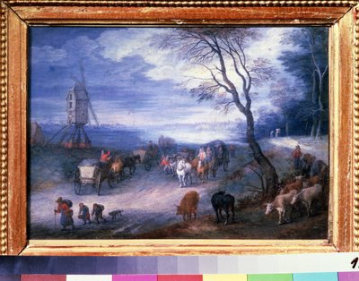 "Paysage au moulin" (منظر طبيعي مع طاحونة هوائية) رسم جان بروغيل الأول (جان بروجيل أو بروجيل أو بروجيل) المعروف باسم De Velours (l'Aine أو Le Vieux بواسطة جان الأكبر بروغل