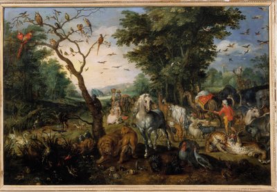 صعود الحيوانات في سفينة نوي لوحة رسمها جان بروغل (أو بروجيل أو بروغيل أو بروغيل) المعروفة سابقًا باسم Bruegel de Velours (1568-1625) أورليانز ، متحف الفنون الجميلة - دخول الحيوانات إلى سفينة نوح الرسم بواسطة يناير بواسطة جان الأكبر بروغل