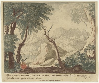 الراعي والراعية يستريحان بالقرب من شجرة مشاهد من مجموعة شعر فيرجيل Bucolica (عنوان السلسلة) بواسطة غير معروف