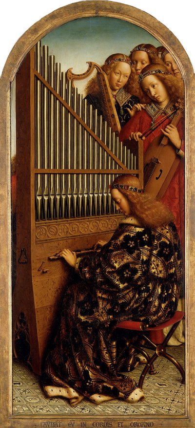 مذبح غينت. عشق الحمل الصوفي: ملائكة صنع الموسيقى ، 1432. بواسطة Jan van Eyck