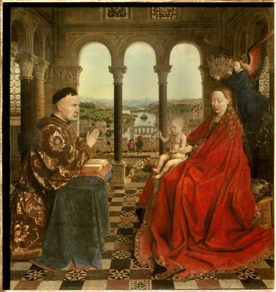 عذراء المستشار رولين نيكولا رولين (1376-1461) كانت مستشارة بورغندي في عهد فيليب لوبون ومؤسس Hospices de Beaune عام 1443. رسم جان فان إيك (1390-1441). القرن الخامس عشر الشمس. 0،66x0،62 م باريس - العذراء المستشار ر بواسطة جان فان إيك