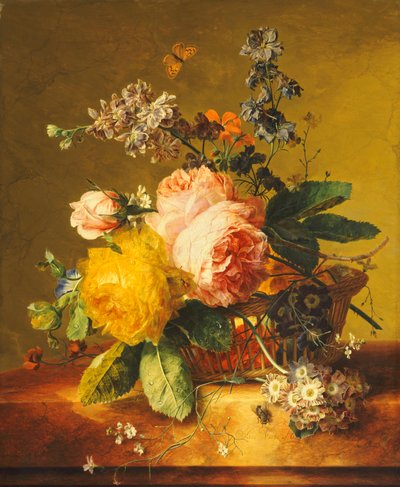 الورود والزهور الأخرى في سلة على حافة رخامية ، c.1742 بواسطة جان فان هويسم