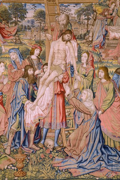 نسيج فلمنكي. سلسلة آلام المسيح: النزول من الصليب (Kruisafneming، Descendimiento de la cruz). صنع بيتر فان إيلست. رسام الكاريكاتير جان فان روم. كاليفورنيا 1507-1520. التفاصيل. بواسطة جان فان روم