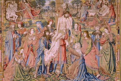 نسيج فلمنكي. سلسلة آلام المسيح: النزول من الصليب (Kruisafneming، Descendimiento de la cruz). صنع بيتر فان إيلست. رسام الكاريكاتير جان فان روم. كاليفورنيا 1507-1520. التفاصيل. بواسطة جان فان روم