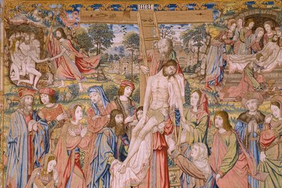 نسيج فلمنكي. سلسلة آلام المسيح: النزول من الصليب (Kruisafneming، Descendimiento de la cruz). صنع بيتر فان إيلست. رسام الكاريكاتير جان فان روم. كاليفورنيا 1507-1520. التفاصيل. بواسطة جان فان روم