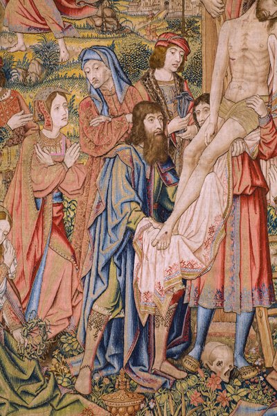 نسيج فلمنكي. سلسلة آلام المسيح: النزول من الصليب (Kruisafneming، Descendimiento de la cruz). صنع بيتر فان إيلست. رسام الكاريكاتير جان فان روم. كاليفورنيا 1507-1520. التفاصيل. بواسطة جان فان روم