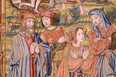 نسيج فلمنكي. سلسلة آلام المسيح: النزول من الصليب (Kruisafneming، Descendimiento de la cruz). صنع بيتر فان إيلست. رسام الكاريكاتير جان فان روم. كاليفورنيا 1507-1520. التفاصيل. بواسطة جان فان روم