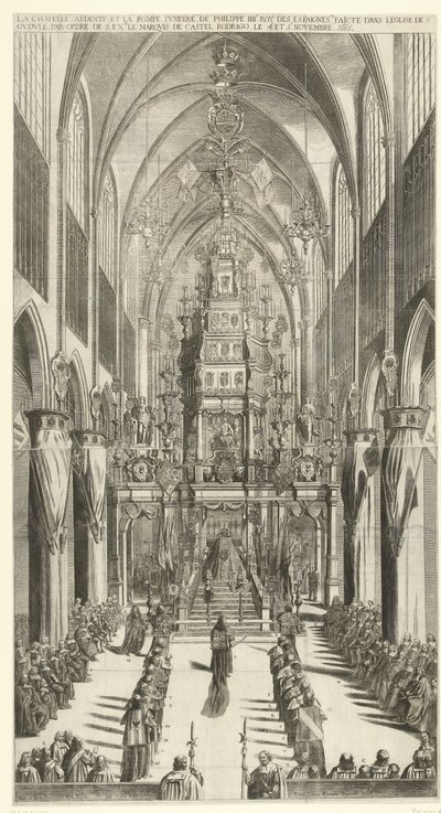 Lijkdienst voor Filips IV te Brussel، 1665 الكنيسة المحترقة ، والموكب الجنائزي لفيليب الثالث روي دي إسبين في كنيسة سانت. Gudule بالترتيب s. إفراط. ماركيز كاستل رودريغو في 4 و 5 نوفمبر 1665 (العنوان على الكائن) بواسطة جان فان تروين