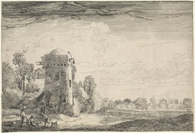 الصيادون مع الكلاب بالقرب من برج في منظر طبيعي المناظر الطبيعية (عنوان المسلسل) Amenissimae aliquot Requculae (عنوان السلسلة) بواسطة جان فان دي فيلدي (الثاني)