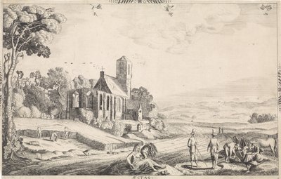 المناظر الطبيعية مع حصاد الحبوب أستاس (العنوان على الكائن) بواسطة جان فان دي فيلدي (الثاني)