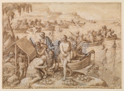الغوص على اللؤلؤ، ج. 1596 (قلم وحبر بني، غسيل بني، لون أبيض (استُخدم كمصحح، وهو الآن مؤكسد جزئياً) على ورق مسطح) بواسطة جان فان دير (1523 1605) Straet