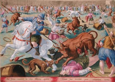 مصارعة ثيران جماعية في حظيرة، اللوحة 18 من "Venationes Ferrarum, Avium, Piscium" (عن الصيد: الوحوش البرية والطيور والأسماك) نقشها جان كولارت (1566-1628) ونشرها فيليبوس جاليوس من أمستردام (نقش ملون يدويًا) بواسطة جان فان دير (1523 1605) (بعد) Straet