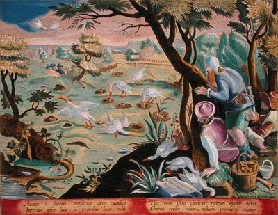 صائدو الطيور يستخدمون نظامًا من الحفر ذات الطُعم لاصطياد الرافعات بواسطة فواتيرهم ، لوحة 40 'Venationes Ferarum ، Avium ، Piscium' (للصيد: الحيوانات البرية ، الطيور ، الأسماك) نقشها جان كوليرت (1566-1628) التي نشرها فيليبوس جالايوس من أمستردام (ملو بواسطة جان فان دير سترايت
