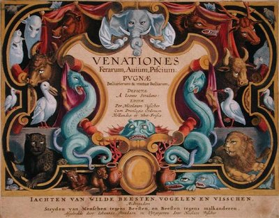صفحة العنوان "Venationes Ferarum، Avium، Piscium" (للصيد: الوحوش البرية والطيور والأسماك) نقشها جان كوليرت (1566-1628) نشرها فيليبس جالايوس من أمستردام (نقش ملون يدويًا) بواسطة جان فان دير سترايت