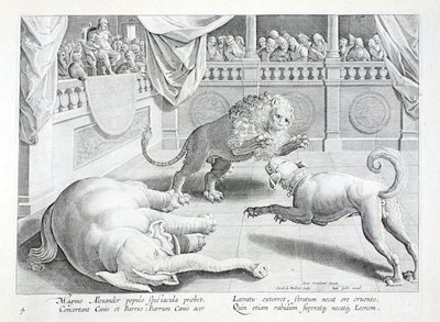 الإسكندر الأكبر يضع مشهدًا ، قتال أسد وكلب وفيل ، رسم توضيحي من "Venationes ، Ferarum ، Avium ، Piscium" (للصيد: Wild Beasts ، Birds ، Fish) ، نقش بواسطة Jan Collaert (1566-1628) ، حانة . بقلم فيليبس غالايوس ، أمستردام (نقش) بواسطة جان فان دير سترايت