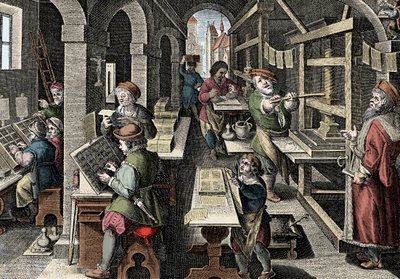 مكتب الطباعة ، c1600 - هولندا ، الطباعة: على اليسار تستخدم الأحرف الأحرف ، والمراحل المختلفة لإعداد الطباعة بإشراف طابعة رئيسية - نقش من "نوفا ريبيرتا" بقلم جيوفاني سترادانو (جان فان دير سترايت) (يوهان بواسطة جان فان دير سترايت