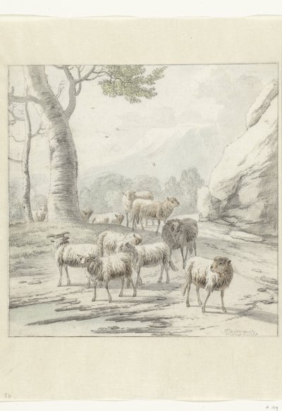 منظر طبيعي مع قطيع من الأغنام بالقرب من شجرة بواسطة جان فان دير مير (الثاني)