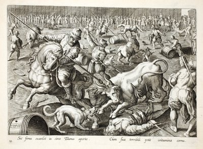 مصارعة مصارعة جماعية في حاوية ، توضيح من `` Venationes ، Ferarum ، Avium ، Piscium &39;&39; (للصيد: وحوش برية ، طيور ، أسماك) ، نقش بواسطة Jan Collaert (1566-1628) ، حانة. فيليب جاليوس ، أمست بواسطة جان فان دير سترايت
