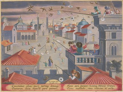 التقاط السنونو باستخدام الأقراص المتطابقة مع الثقوب ، اللوحة 77 من "Venationes Ferarum ، Avium ، Piscium" (الصيد: وحوش برية ، طيور ، أسماك) محفورة بواسطة Jan Collaert (1566-1628) نشرها Phillipu بواسطة جان فان دير سترايت