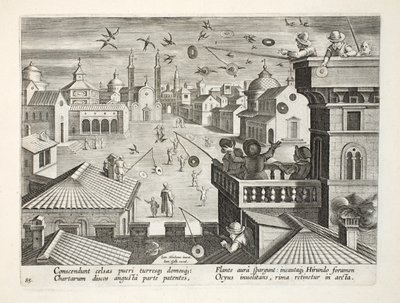 التقاط السنونو باستخدام أقراص معكوسة مع ثقوب ، لوحة 77 ، رسم توضيحي من "Venationes ، Ferarum ، Avium ، Piscium" (للصيد: وحوش برية ، طيور ، أسماك) ، منقوش بواسطة Jan Collaert (1566-1628) ، حانة. بواسطة جان فان دير سترايت