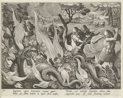 اصطياد الثعابين في الهند باستخدام النوادي والمصابيح لإضاءة الشجيرات ، حانة. 1640 نقش. بواسطة جان فان دير سترايت