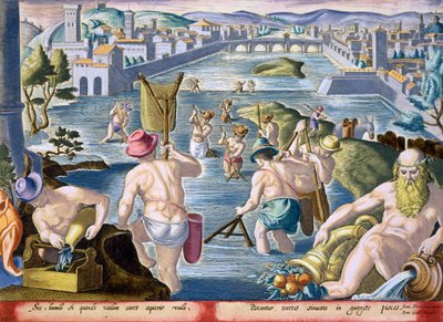 الصيد في المياه الضحلة باستخدام الشباك ، اللوحة 96 من "Venationes Ferarum ، Avium ، Piscium" (للصيد: وحوش برية ، طيور ، أسماك) محفورة بواسطة Jan Collaert (1566-1628) نشرها Phillipus Gallaeus of بواسطة جان فان دير سترايت