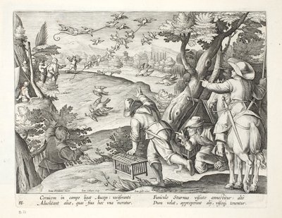 صيادون يصطادون الغربان ، رسم توضيحي من "Venationes ، Ferarum ، Avium ، Piscium" (للصيد: وحوش برية ، طيور ، أسماك) ، نقش بواسطة Jan Collaert (1566-1628) ، حانة. فيليب جاليوس ، أمستردام (eng بواسطة جان فان دير سترايت