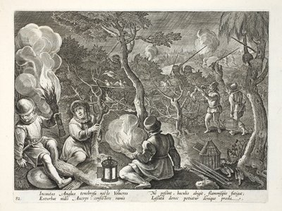 صيادون يصطادون الطيور ليلاً ، رسم توضيحي من "Venationes ، Ferarum ، Avium ، Piscium" (للصيد: وحوش برية ، طيور ، أسماك) ، نقش بواسطة Jan Collaert (1566-1628) ، حانة. فيليب جاليوس ، أمست بواسطة جان فان دير سترايت
