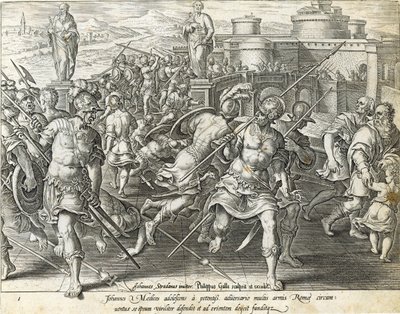 جيوفاني دي ميديتشي محاط بروما ، اللوحة 1 من "تاريخ ميديتشي" ، نقشها فيليب جالي (1537-1612) ، c.1583 بواسطة جان فان دير سترايت