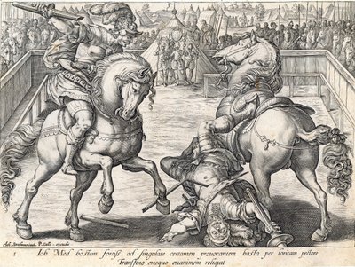 جيوفاني دي ميديشي يقتل خصمًا في مبارزة ، لوحة 5 من "تاريخ ميديشي" ، نقشها فيليب جالي (1537-1612) ، c.1583 بواسطة جان فان دير سترايت
