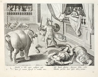 هانيبال يجعل الرومان المهزومين يقاتلون بعضهم البعض ، التوضيح من `` Venationes ، Ferarum ، Avium ، Piscium &39;&39; (من الصيد: وحوش برية ، طيور ، سمك) ، منقوش بواسطة Jan Collaert (1566-1628) ، حانة. بواسطة فيليبس بواسطة جان فان دير سترايت