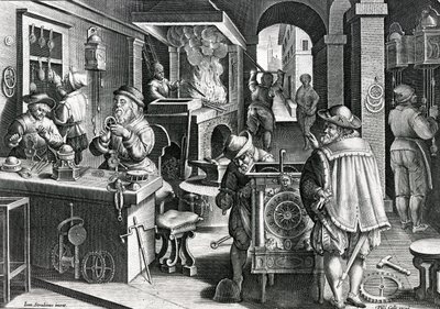ساعة الساعات ، اللوحة 5 من &39;Nova reperta&39; منقوشة بواسطة Philips Galle ، c.1580-1605 بواسطة جان فان دير سترايت