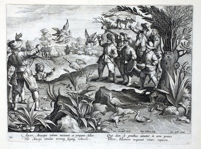 الصيادون الذين يستخدمون الصقور لمطاردة الأوز ، رسم توضيحي من "Venationes ، Ferarum ، Avium ، Piscium" (للصيد: وحوش برية ، طيور ، أسماك) ، منقوش بواسطة Jan Collaert (1566-1628) ، حانة. بواسطة فيليبوس غالايوس ، أ بواسطة جان فان دير سترايت