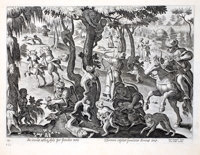 قرود الصيد في الريف ، رسم توضيحي من "Venationes ، Ferarum ، Avium ، Piscium" (للصيد: وحوش برية ، طيور ، سمك) ، نقش بواسطة Jan Collaert (1566-1628) ، حانة. بواسطة فيليبوس غالايوس ، صباحا بواسطة جان فان دير سترايت