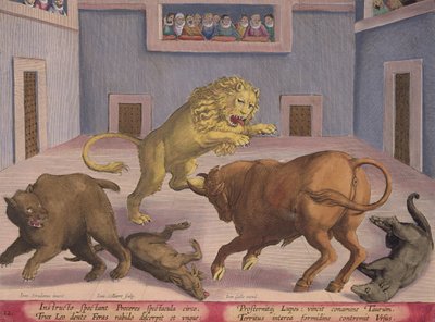 ساعة Noblemen Combat of Wild Beasts في سيرك داخلي ، اللوحة 12 من "Venationes Ferarum، Avium، Piscium" (الصيد: وحوش برية ، طيور ، أسماك) محفورة بواسطة Jan Collaert (1566-1628) نشرها Ph بواسطة جان فان دير سترايت