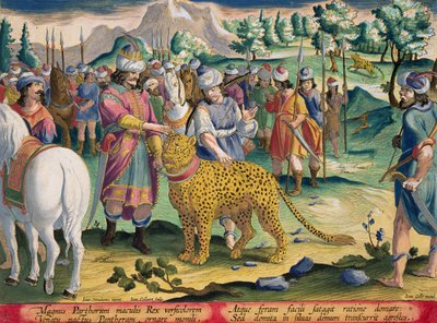الملك العظيم للبارثيين يصطاد مع حيواناته الفهود ، اللوحة 9 من "Venationes Ferarum ، Avium ، Piscium" (الصيد: الوحوش البرية ، الطيور ، الأسماك) التي نقشها جان كولارت (1566-1628) التي نشرتها بواسطة جان فان دير سترايت