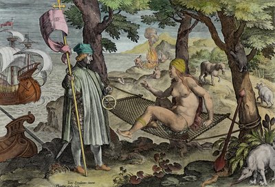 Vespucci Discovering America ، اللوحة 2 من "Nova Reperta" (اكتشافات جديدة) محفورة بواسطة Theodor Galle (1571-1633) c.1600 (تلوين لاحق) بواسطة جان فان دير سترايت