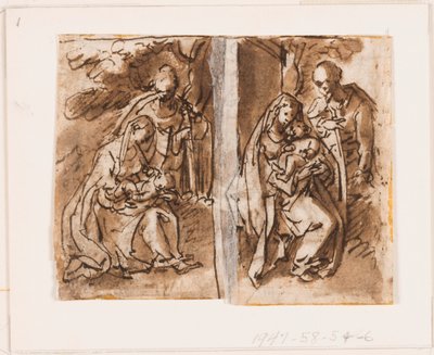 نصف صفحة من كراسة الرسم. العذراء والطفل والشخصية الثالثة بواسطة Jan van der Straet, called Stradanus