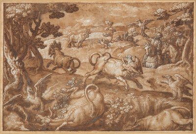 رجال يصطادون الثيران بالنسور بواسطة Jan van der Straet, called Stradanus