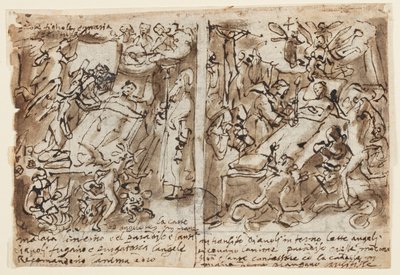 صفحة كراسة الرسم. القوى السماوية تساعد الأتقياء ؛ رسم لصورة القديس. زخرفة التبلور بواسطة Jan van der Straet, called Stradanus