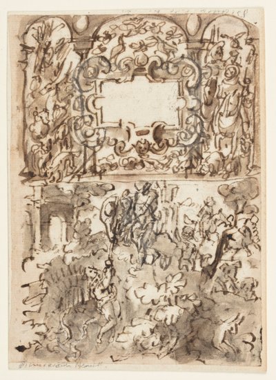 صفحة كراسة الرسم. صفحة عنوان لسلسلة النقش على الصيد ؛ حادث صياد بواسطة Jan van der Straet, called Stradanus