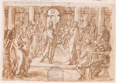 استجواب بطرس ويوحنا من قبل المجلس الأعلى ، التصميم الأولي لـ "Spiritus Scientiae" (روح العلم) ، اللوحة 5 في السلسلة المطبوعة "سبع هدايا من الروح القدس" بواسطة Jan van der Straet, called Stradanus