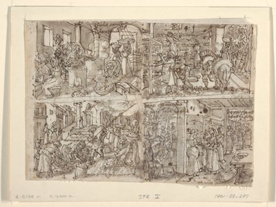 Recto: أربعة تصميمات أولية لسلسلة الطباعة "Vermis Sericus" (صناعة الحرير). أعلى اليسار: لف الحرير. أسفل اليسار: تحضير أوراق التوت. أعلى اليمين: ترتيب الأوراق على الرفوف. أسفل اليمين: تغذية أوراق التوت إلى ديدان القز. Ve بواسطة Jan van der Straet, called Stradanus