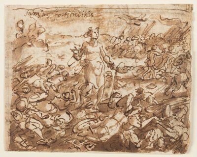 ريكتو: شمشون ، بعد أن هزم الفلسطينيين ، يشرب الماء من عظم فك حمار ، التصميم الأولي لـ "Spiritus Fortitudines" (روح القوة) ، اللوحة 4 في سلسلة مطبوعات "The Seven Gifts of the Holy Spirit". في الخلف: نقش محجوب بواسطة جان فان دير ستريت، يُدعى سترادانوس