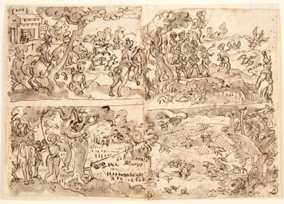 صفحة كراسة الرسم مع أربعة مشاهد مطاردة بواسطة Jan van der Straet, called Stradanus